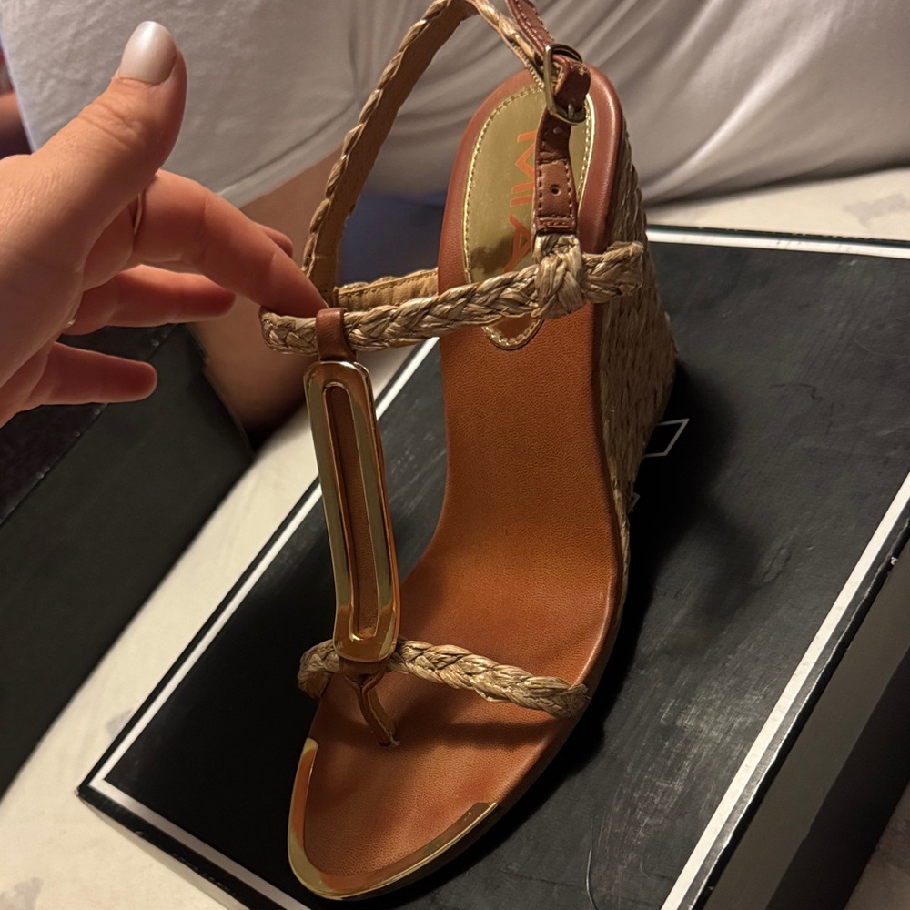 MIA Tan and Gold Wedge Sandals